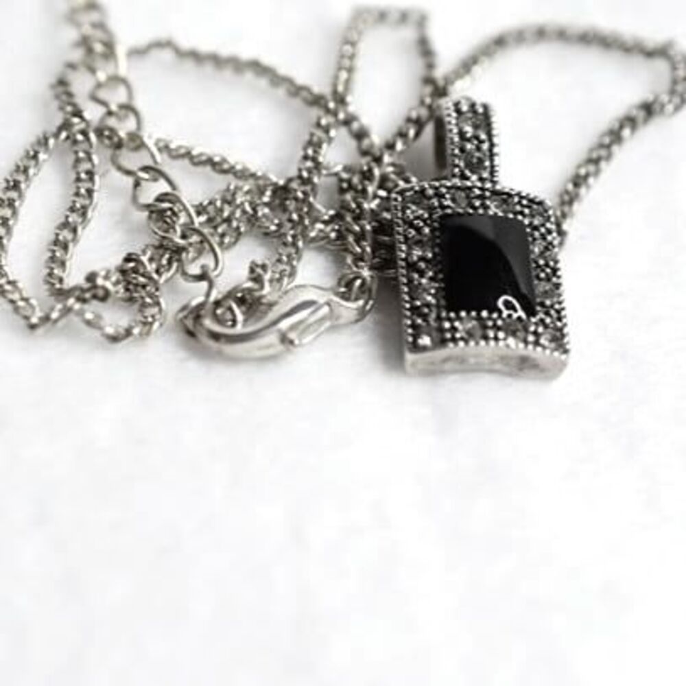 Victorian  Black Stone Clear Rhinestone Link Chain Chic Pendant 18"Necklace